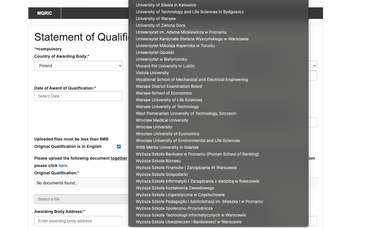 Dropdown menu showing a list of universities on the MQRIC portal